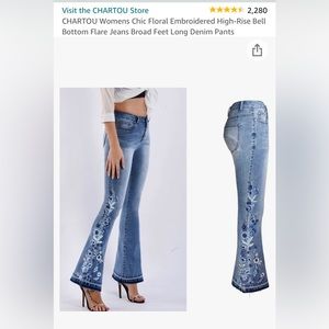 CHARTOU Womens Chic Floral Embroidered High-Rise Bell Bottom Flare Jeans Denim